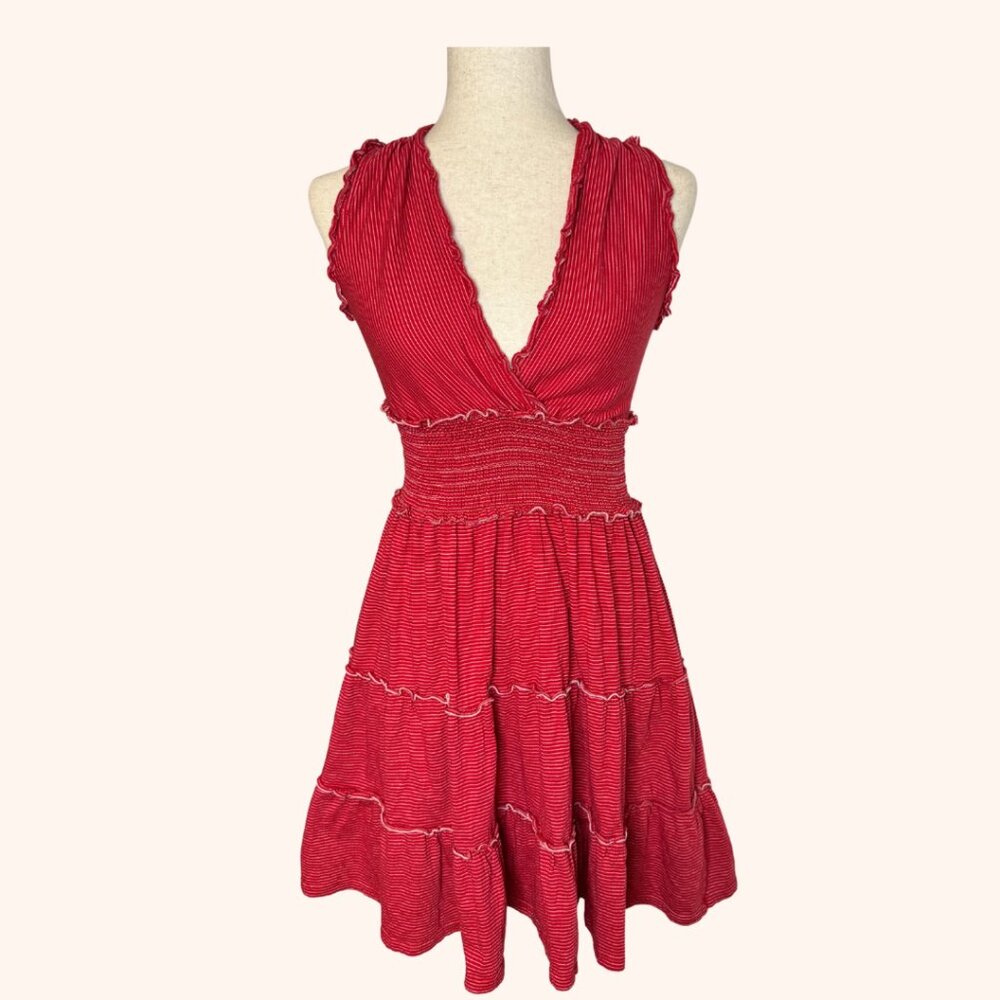 Max Studio Red Striped Frilly V Neck Tiered Mini Dress Smocked Waist